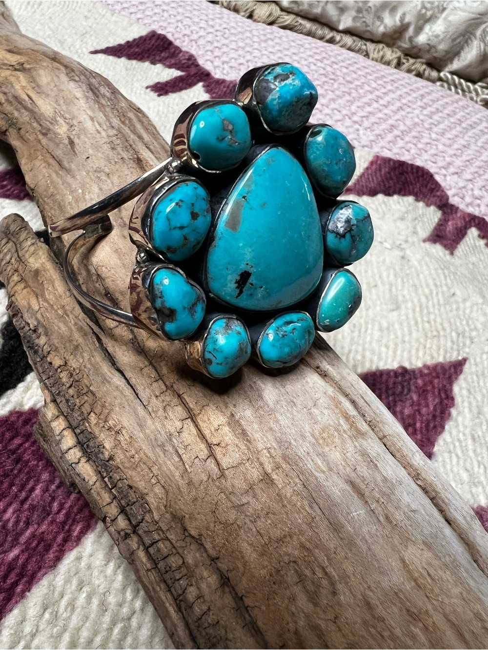 Genuine Turquoise Sterling Silver Large Cluster Cuff Bracelet Statement Unisex